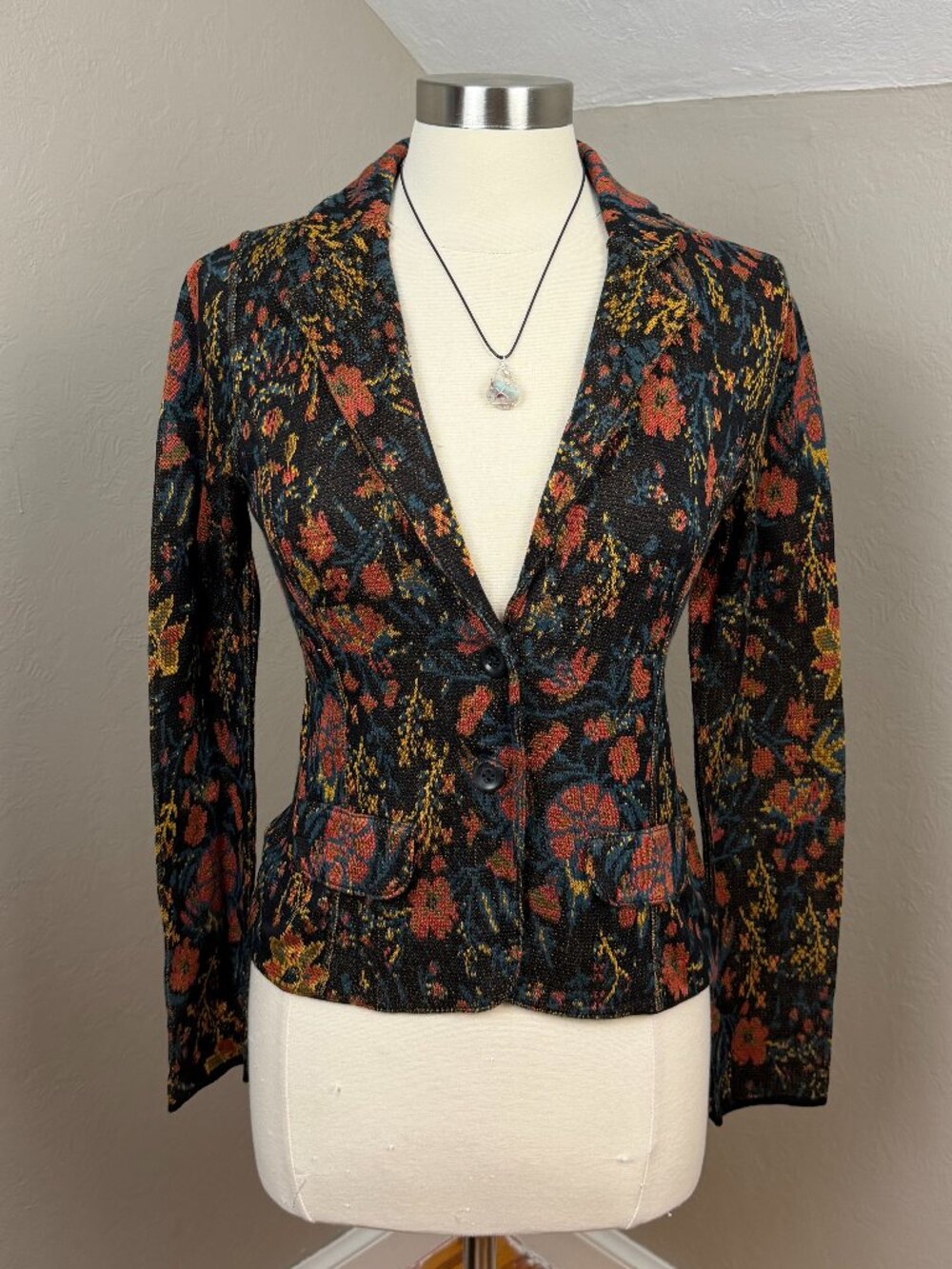 Peruvian Connection | Black Floral Chintz Knit Jacket Pima Cotton Blazer Size S